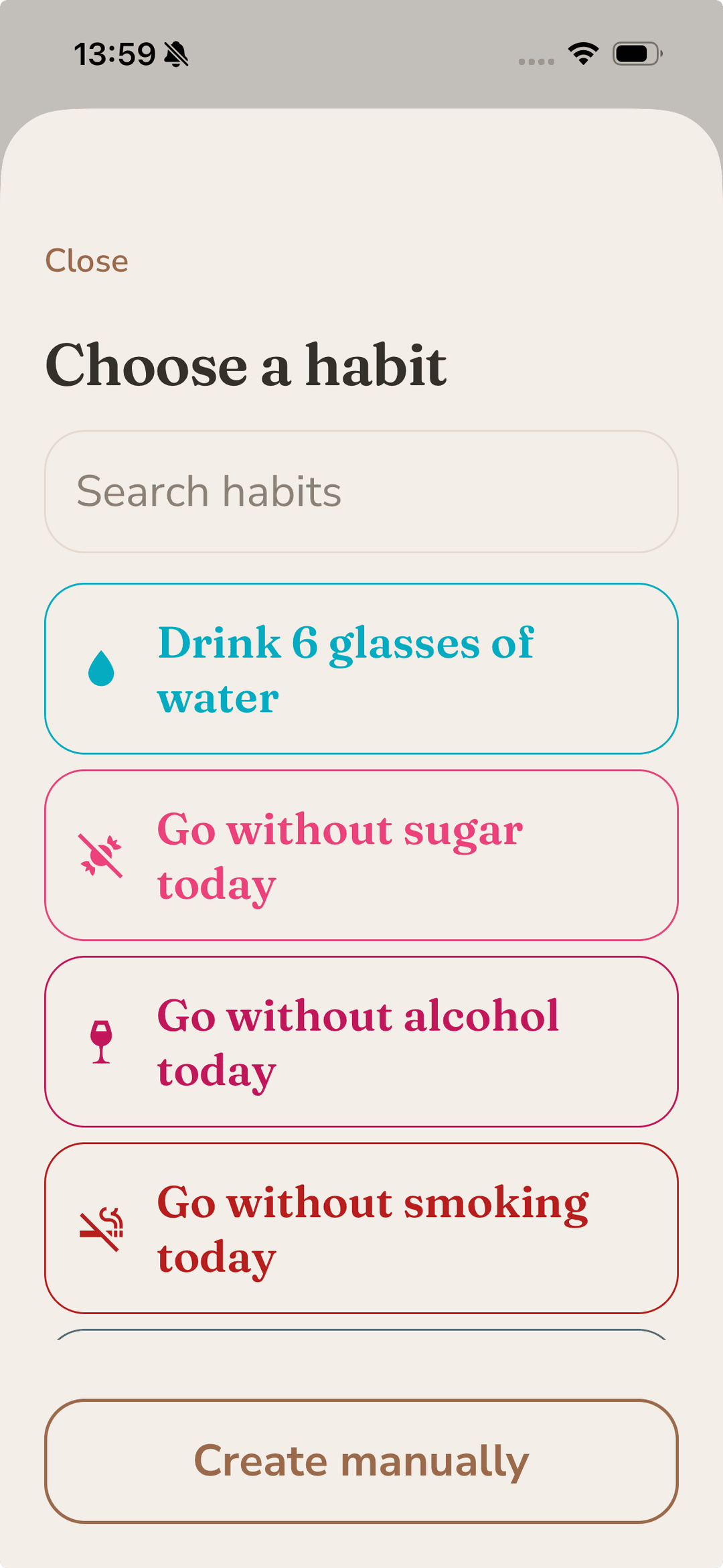 Choosing a habit screen in Bituei