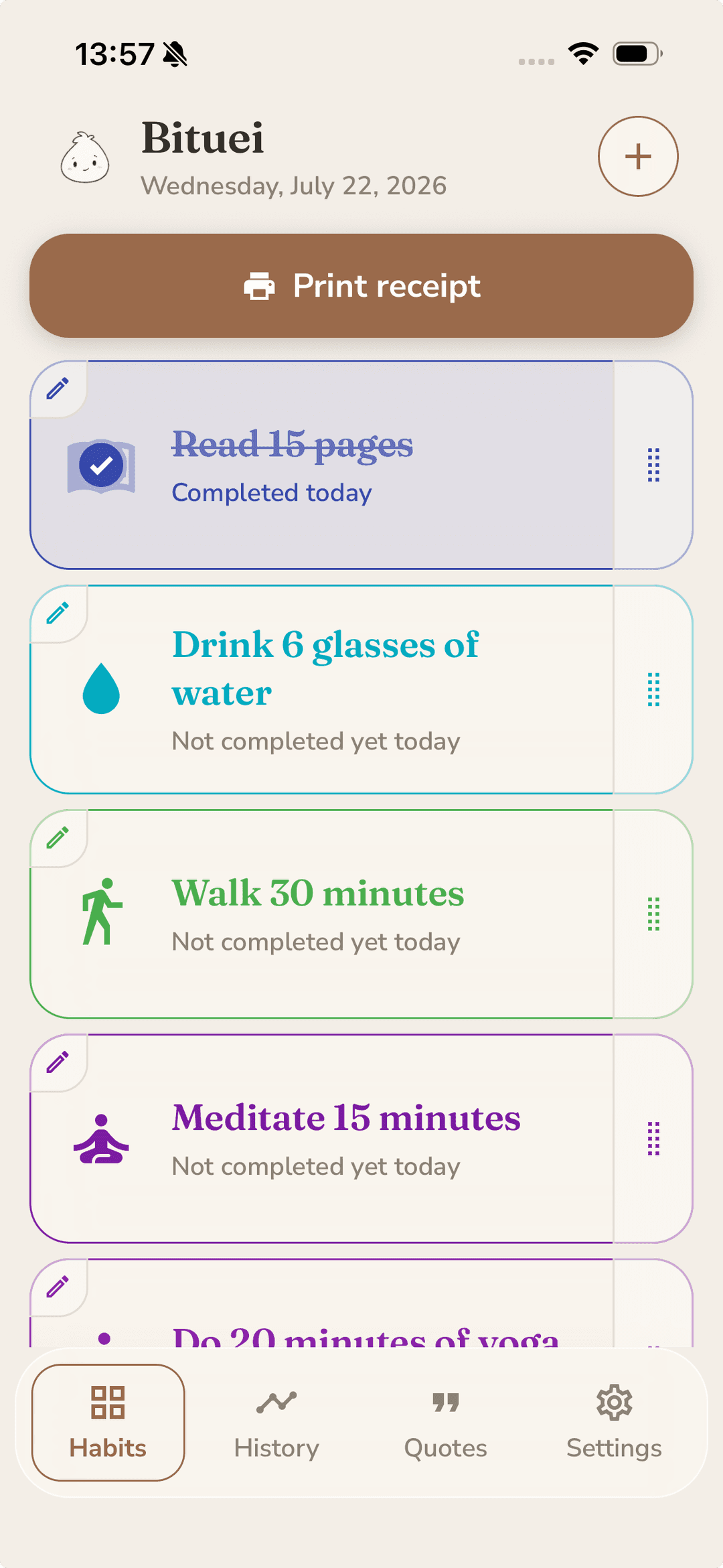 Bituei list of today's habits, one marked complete