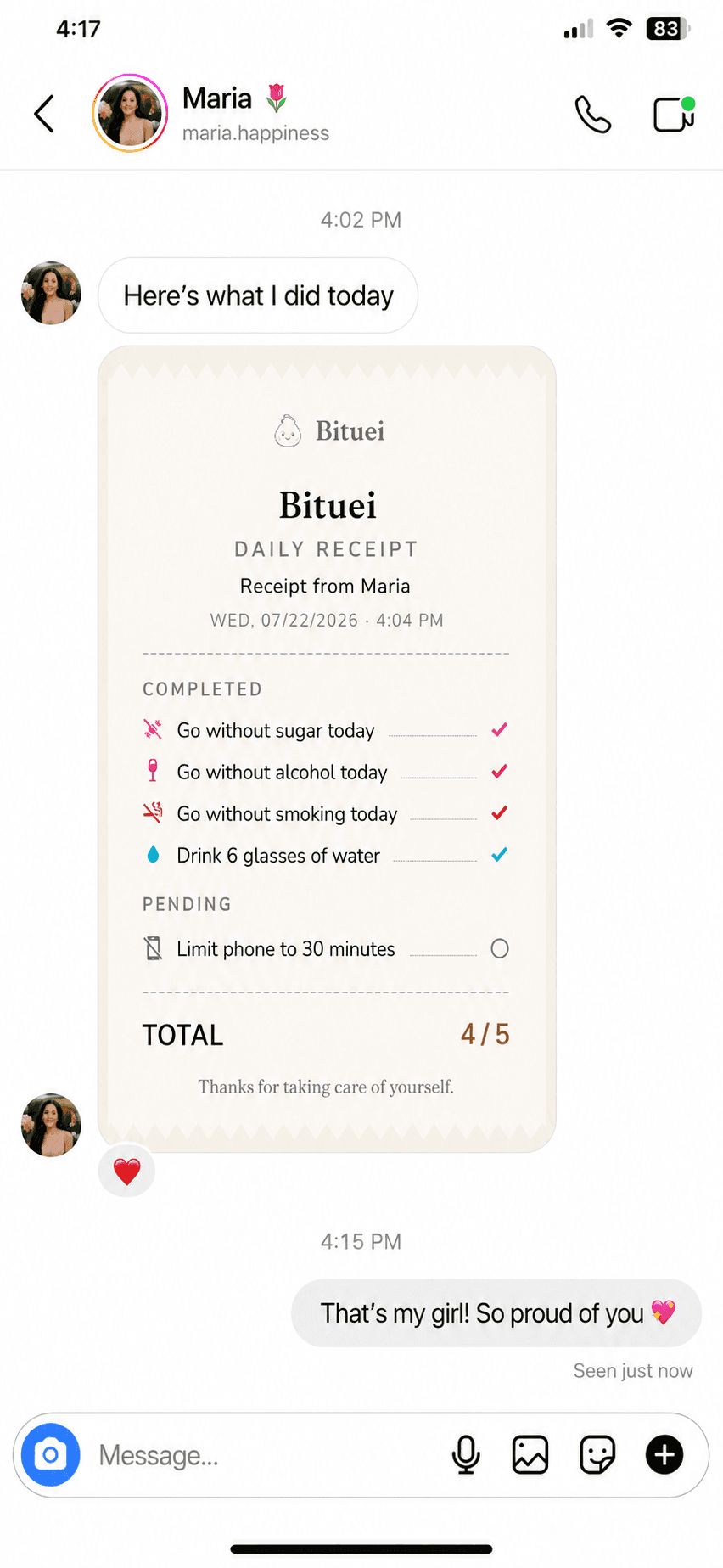 A person sharing their daily Bituei receipt with a friend on Instagram