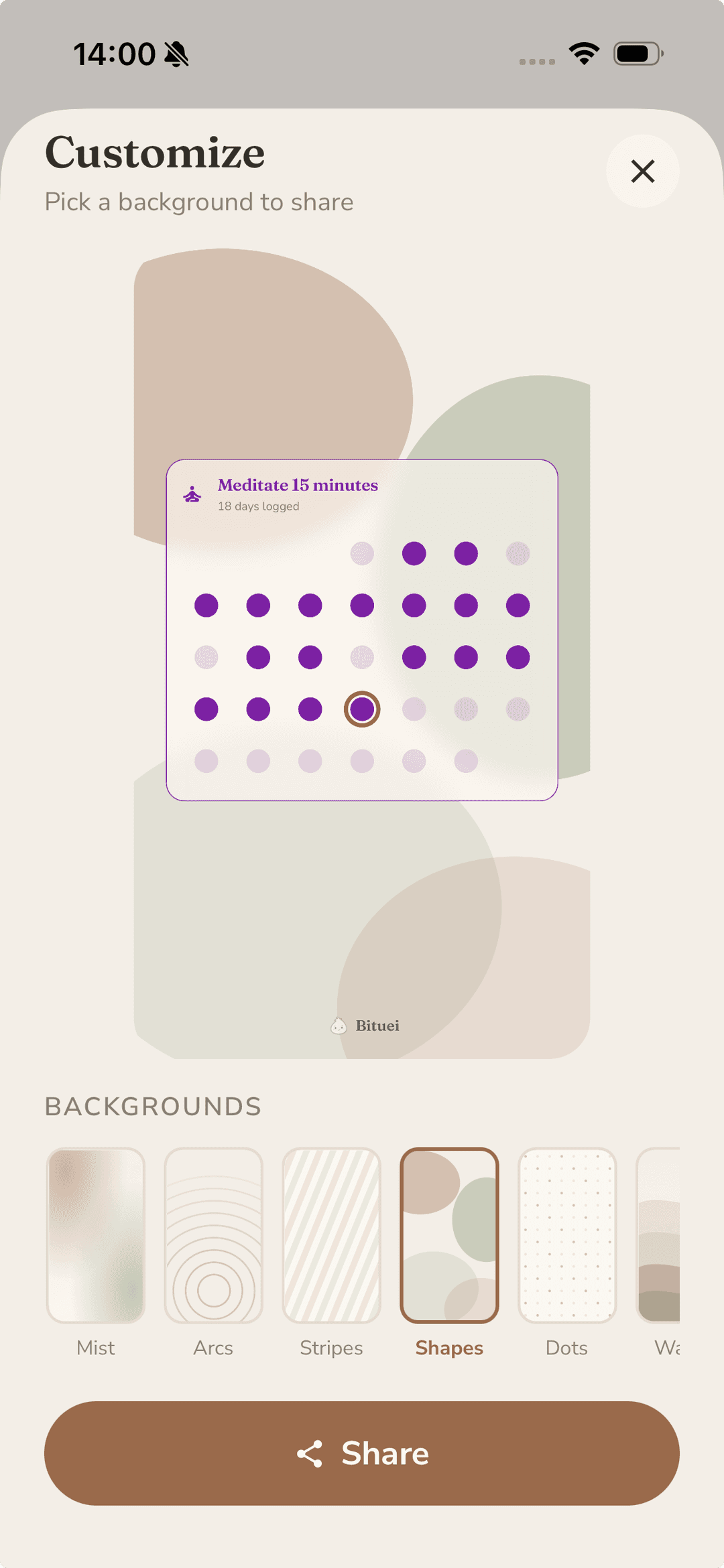 Screen to pick a background and share progress as a story